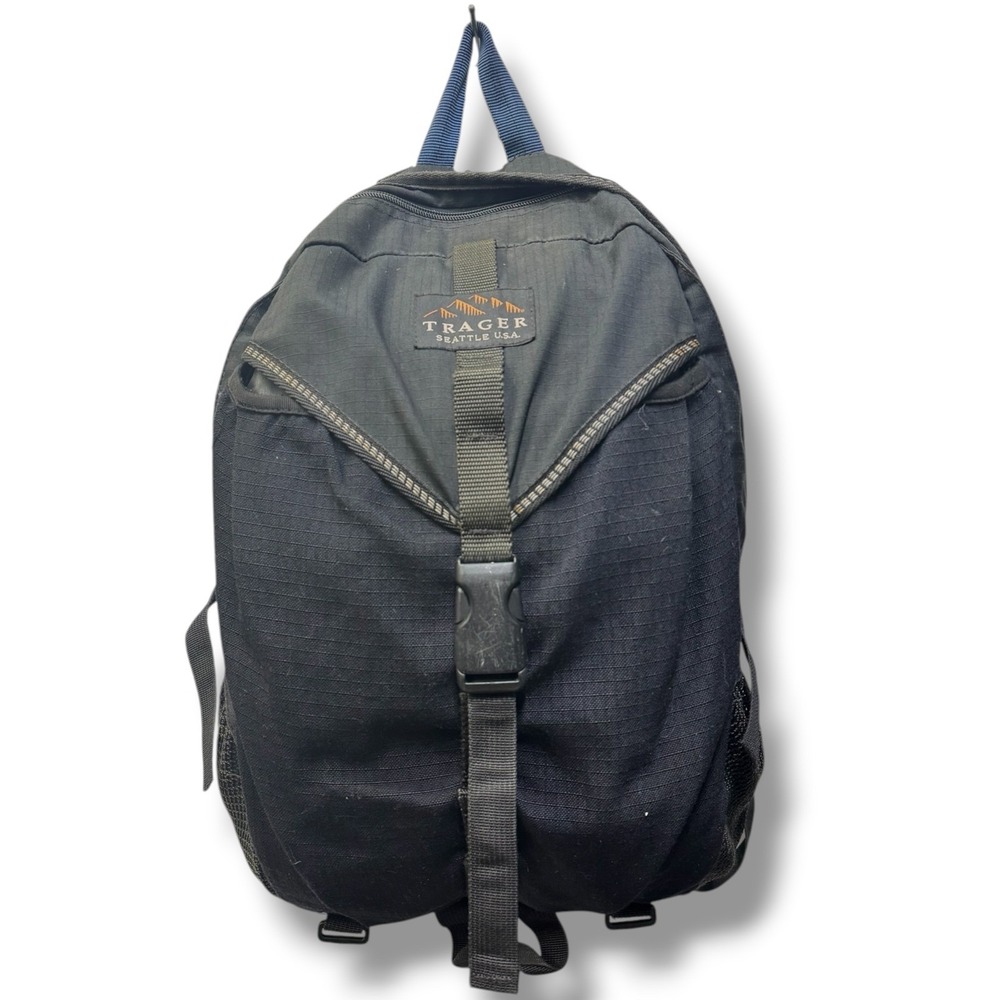 Trager Seattle USA Vintage Blk Ripstop Nylon Backpack Gorpcore Daypack Made USA‎